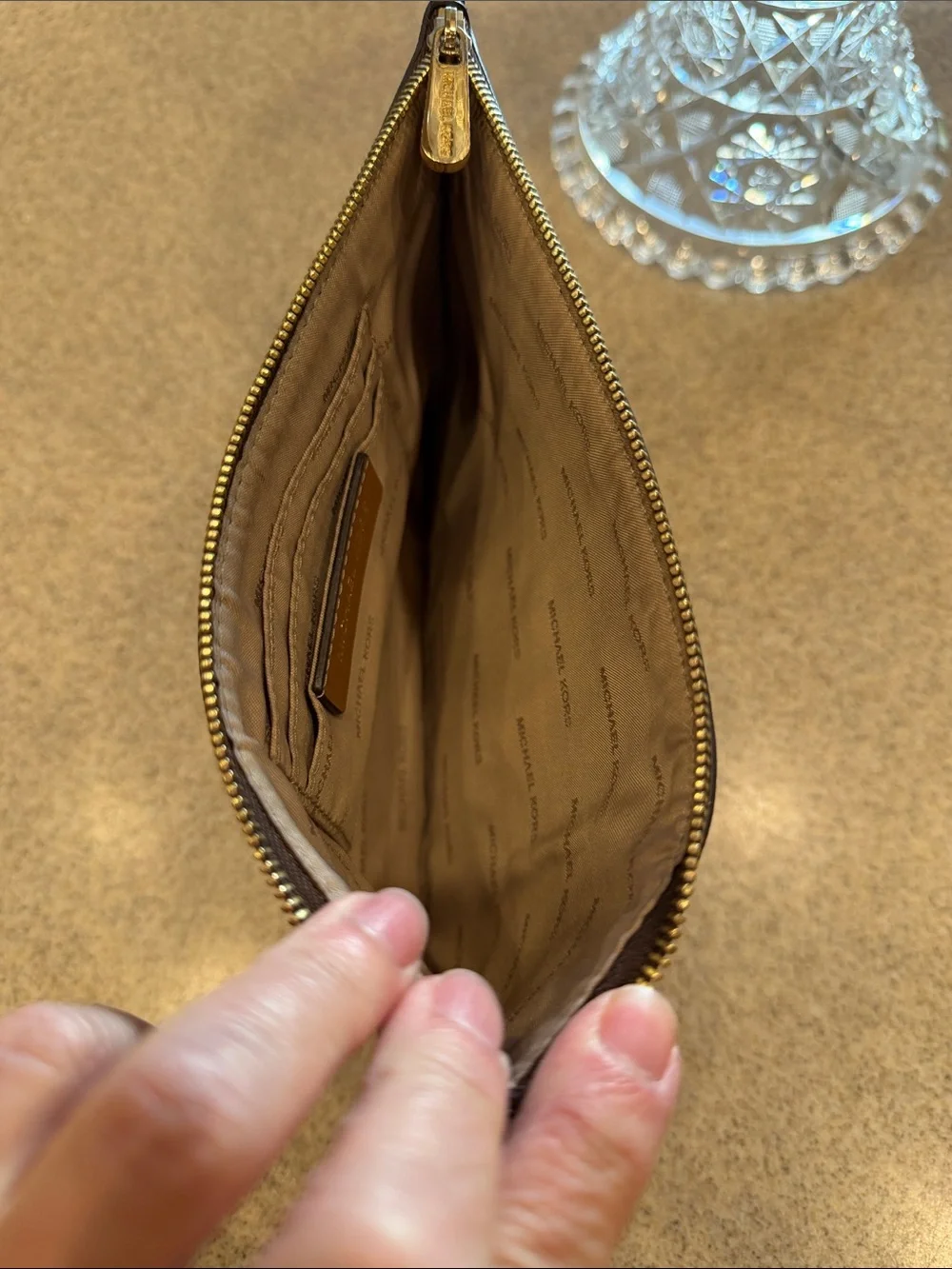Michael Kors brown Signature Logo Zip Pouch 3 card slots, no strap, gold